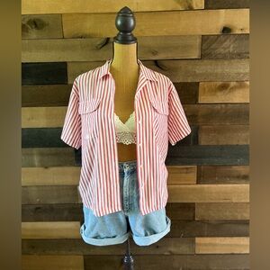 Vintage Tabi Red Pinstriped Red & White Striped Short Sleeve Button Up Top